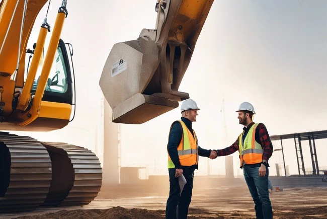 About 2 Two People shaking hands on a construction site